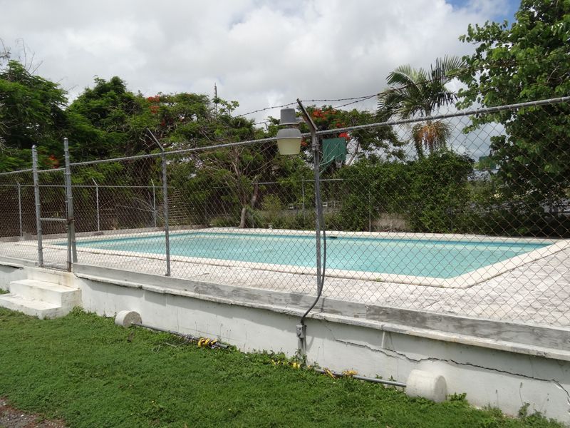 A chain link fence surrounds a large swimming pool
