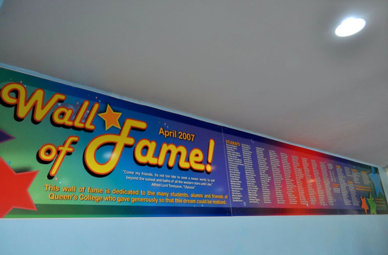 A wall of fame banner hanging from the ceiling