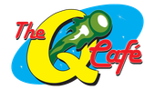 A logo for the q cafe with a green golf ball