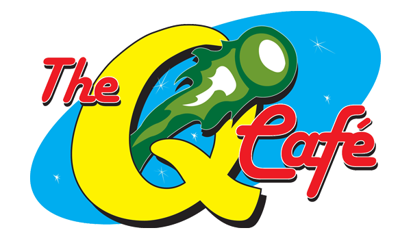A logo for the q cafe with a green golf ball