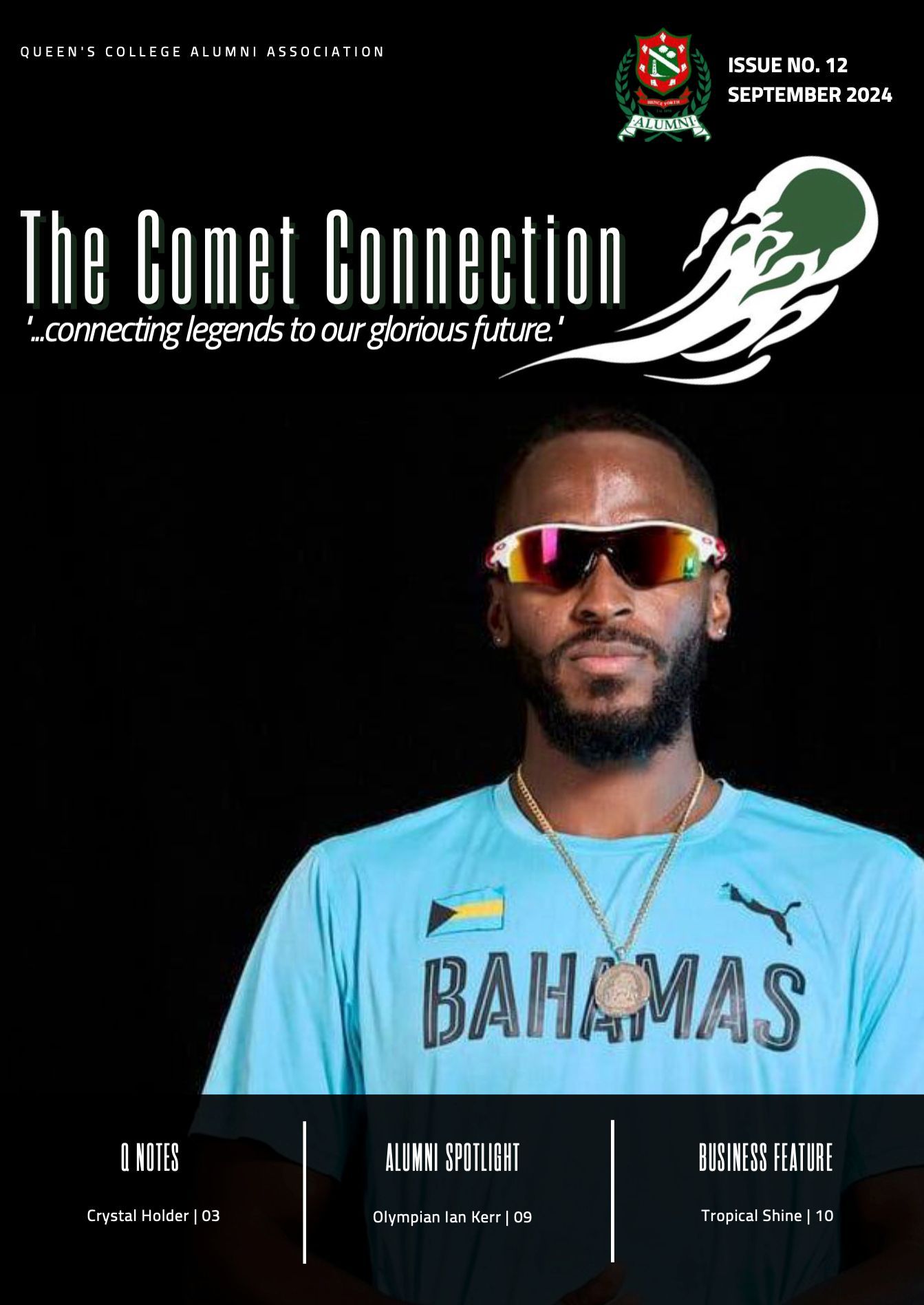 A man wearing sunglasses and a blue shirt that says bahamas on it
