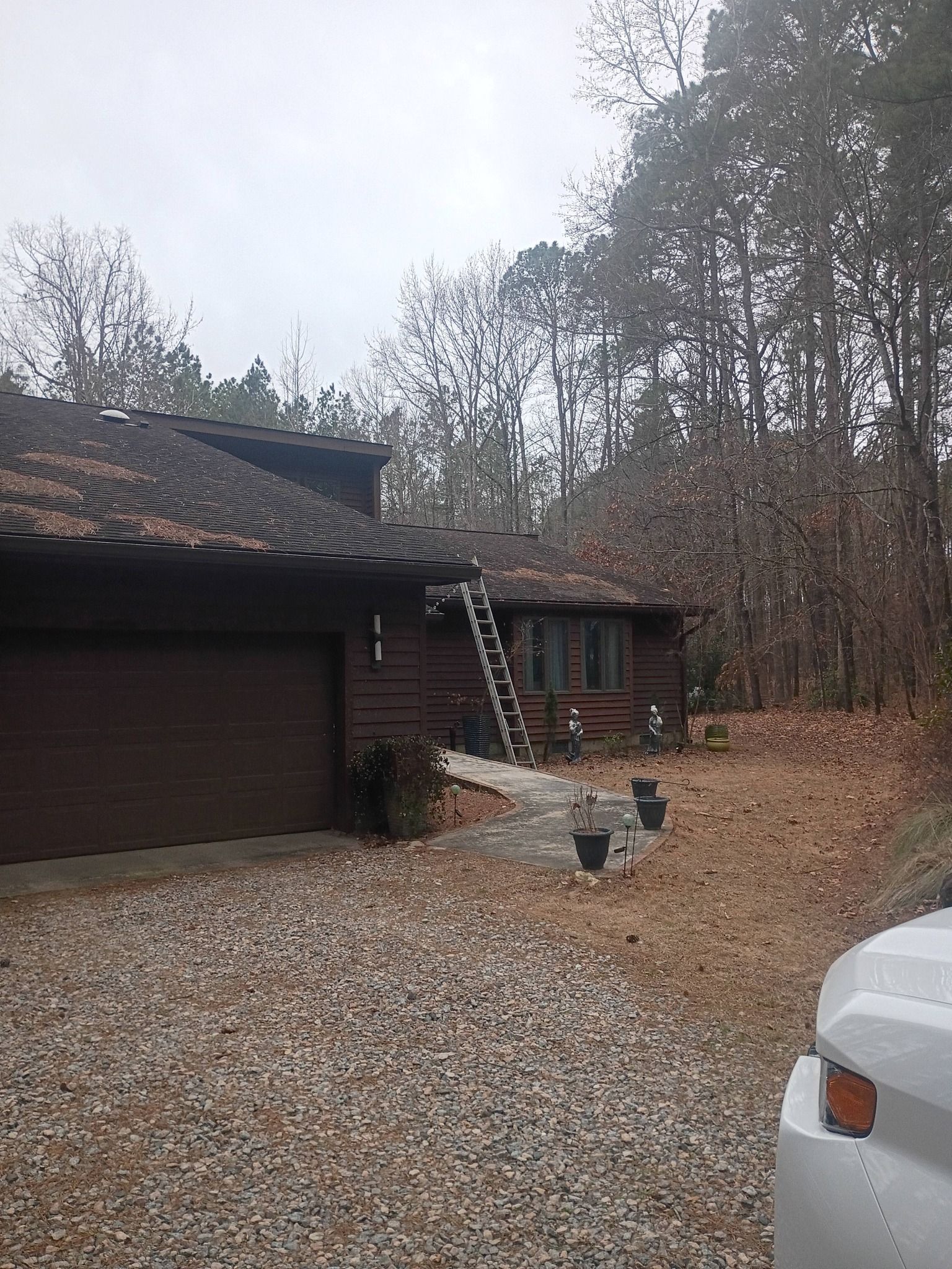 Gravel driveway beside a brown house and woods, with a ladder on the porch and a white car at right.