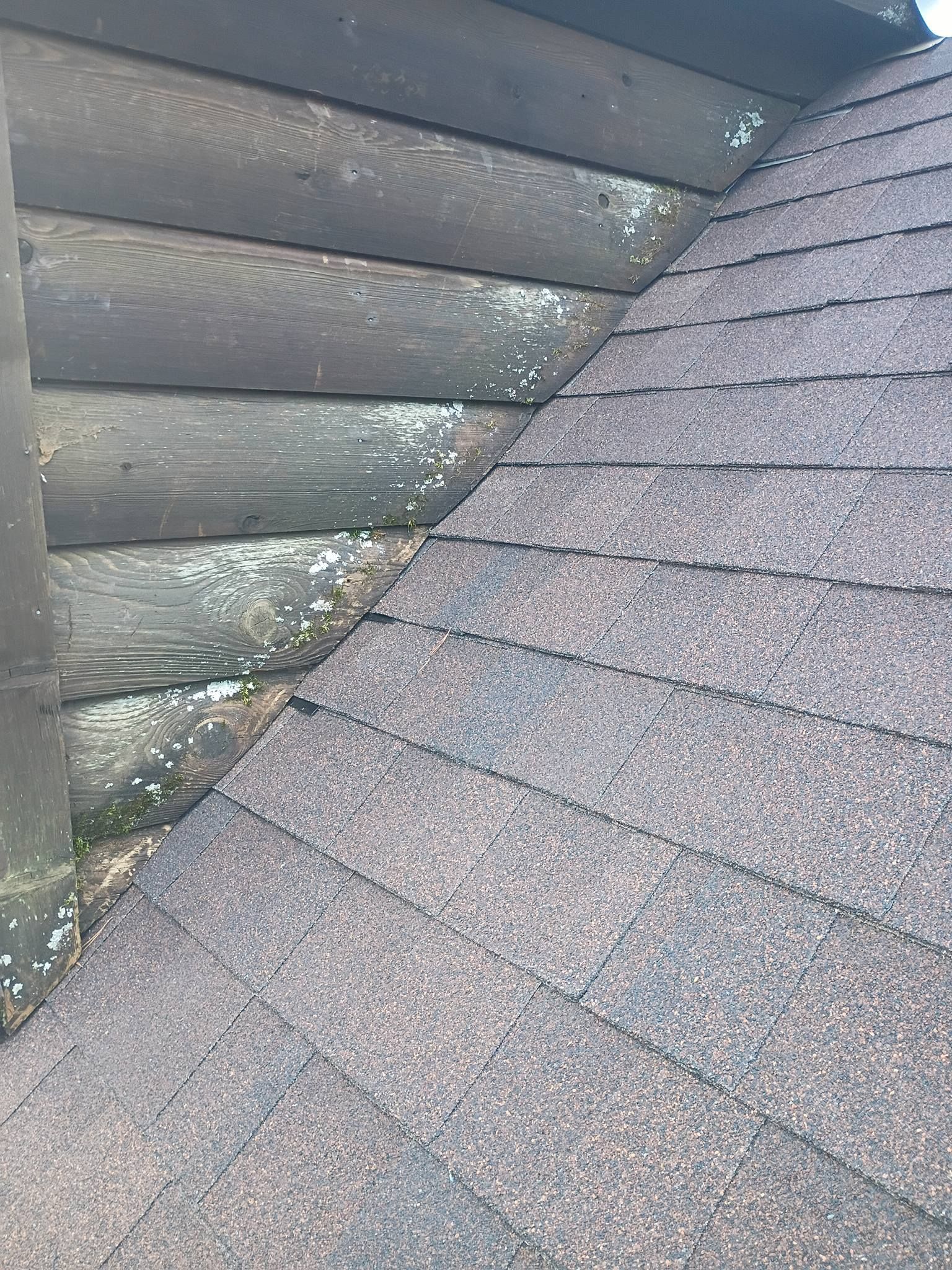 Close-up of roof shingles meeting a dark wood-sided roof corner with moss or algae along the seam
