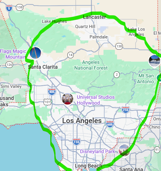 Map of Los Angeles area with a black outlined route and a green location pin in the national forest.