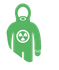 Green hazmat suit with radiation symbol on chest