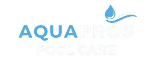 A logo for Aqua Pros Pool Care, featuring the blue text "AQUA" and white text "PROS POOL CARE" with a blue water droplet.