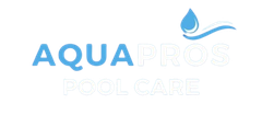 A logo for Aqua Pros Pool Care, featuring the blue text "AQUA" and white text "PROS POOL CARE" with a blue water droplet.