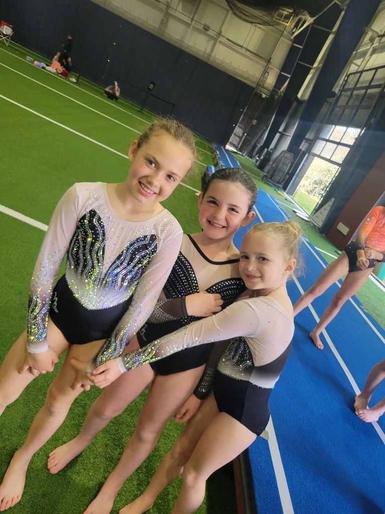 Three gymnasts in sparkly leotards posing on an indoor sports court
