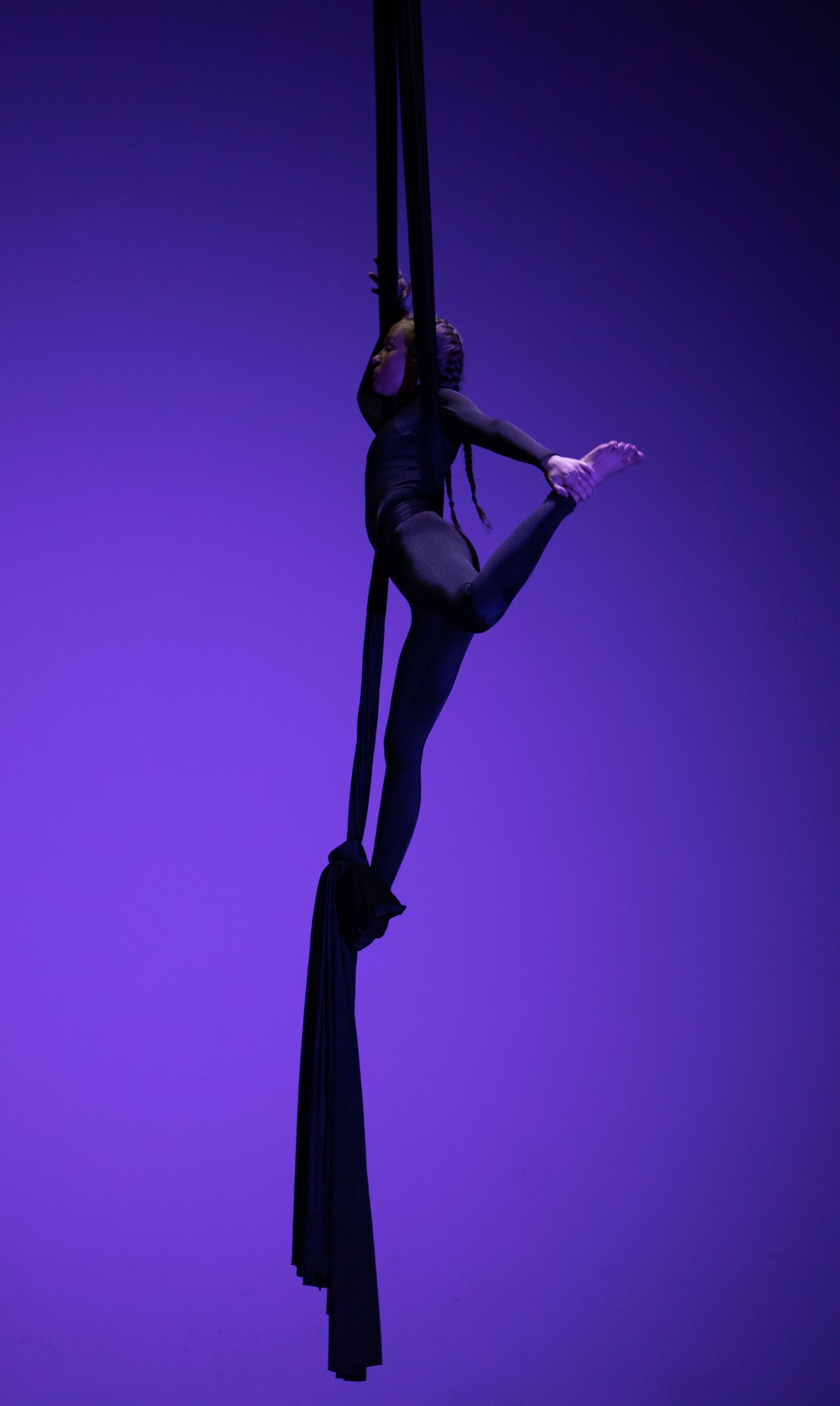 Aerial performer in black costume posing midair against a purple-lit stage backdrop.