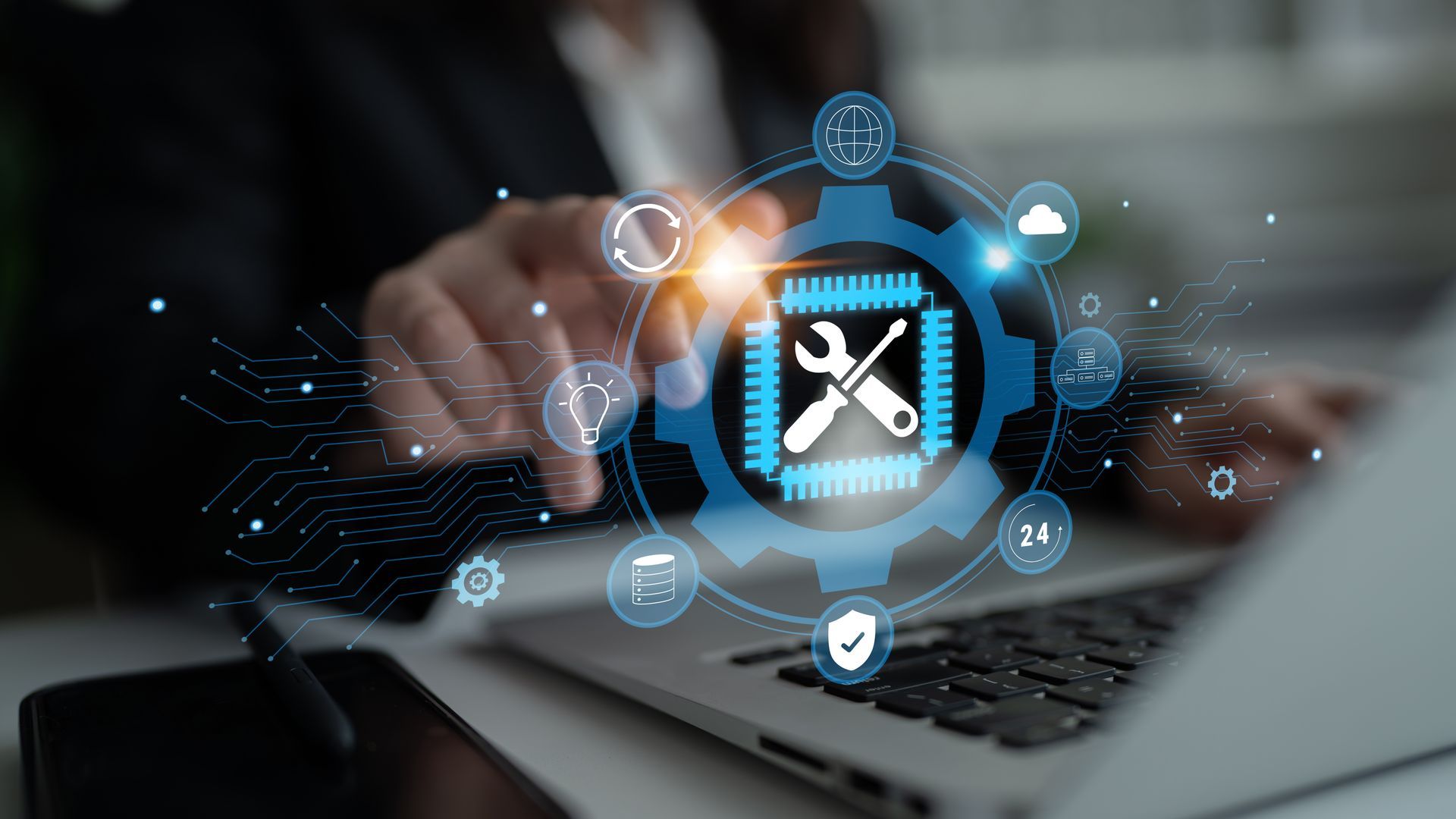 Digital interface showing a wrench icon for technical system maintenance and global IT services.