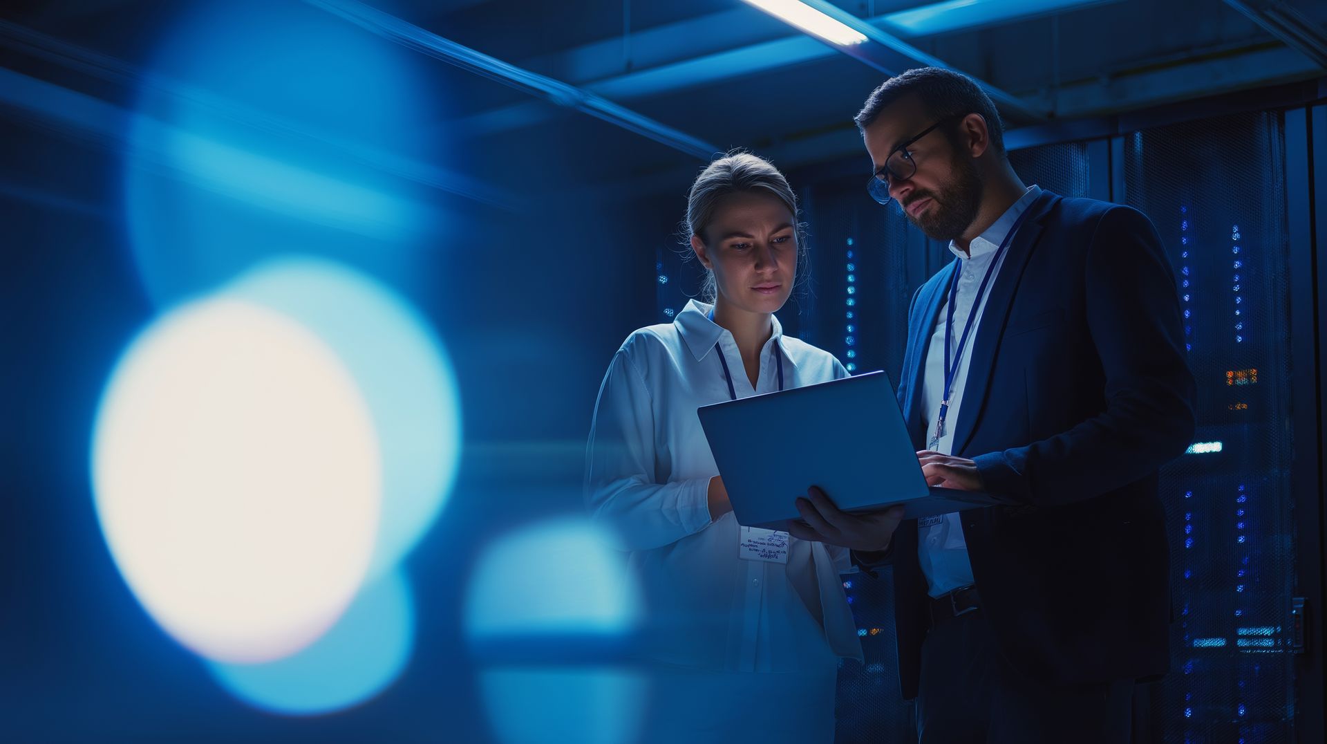 Two IT professionals reviewing data on a laptop in a server room.