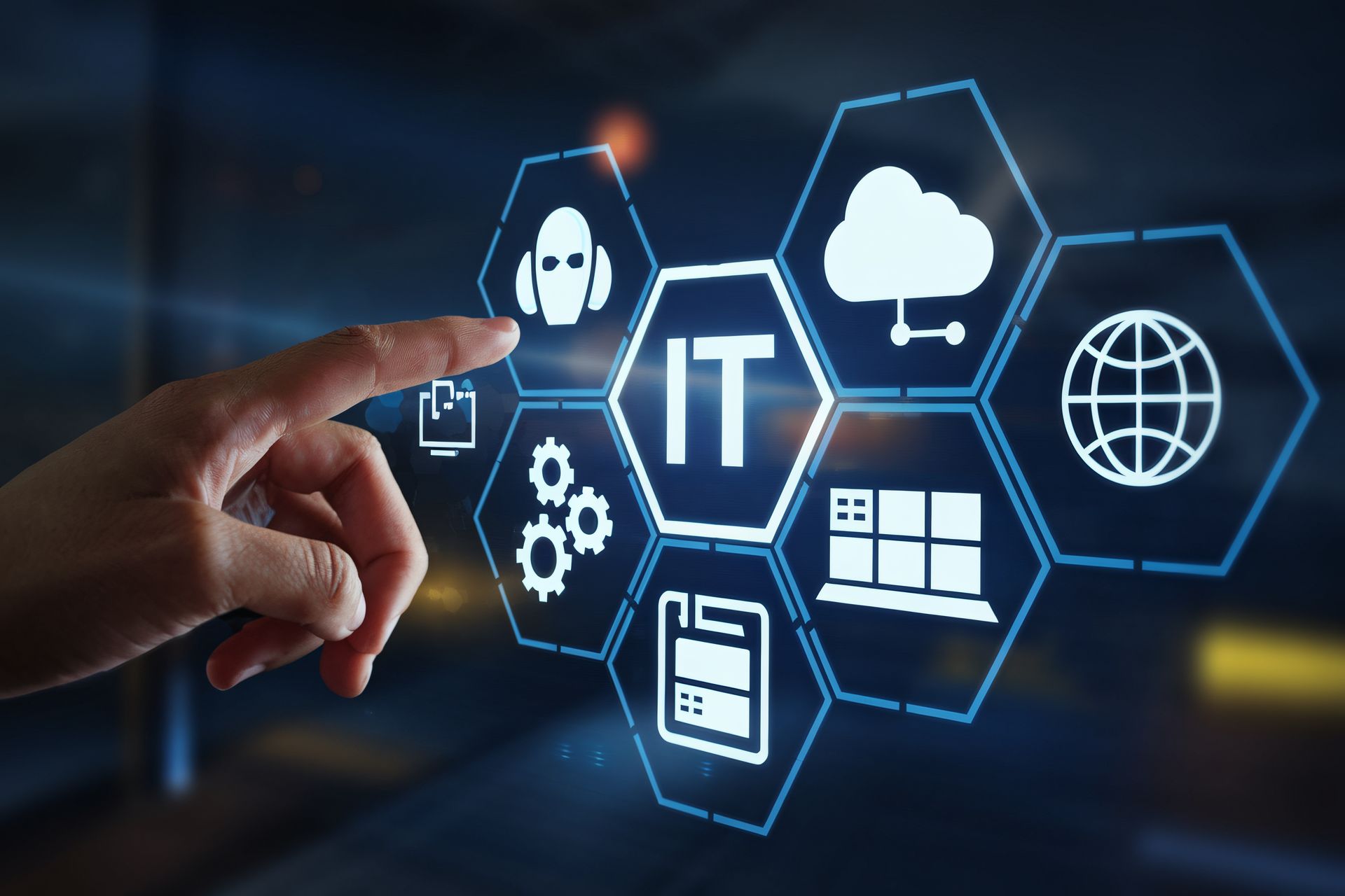 Hand interacting with digital interface showing cloud and security icons for Managed IT Services.