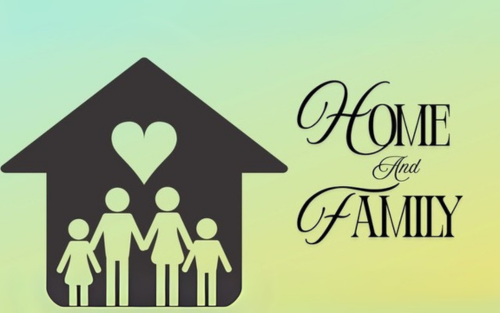 Silhouette of a family inside a house with a heart, text says