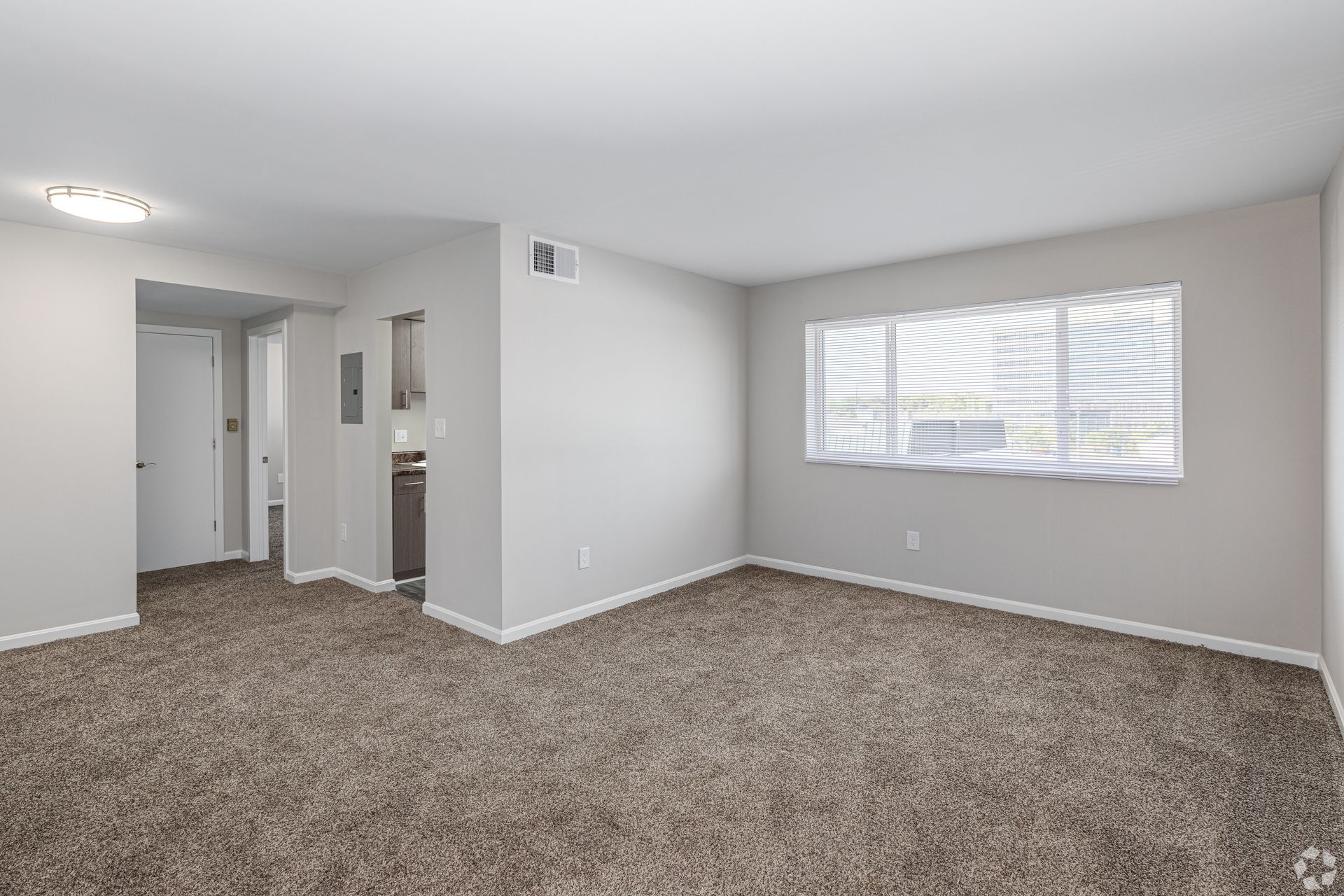 An empty living room with a large window and a brown carpet.