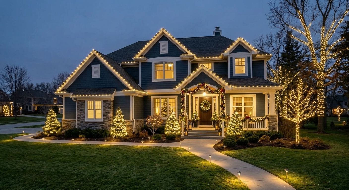 House at night with roofline Christmas lights. Door and small trees are also lit.