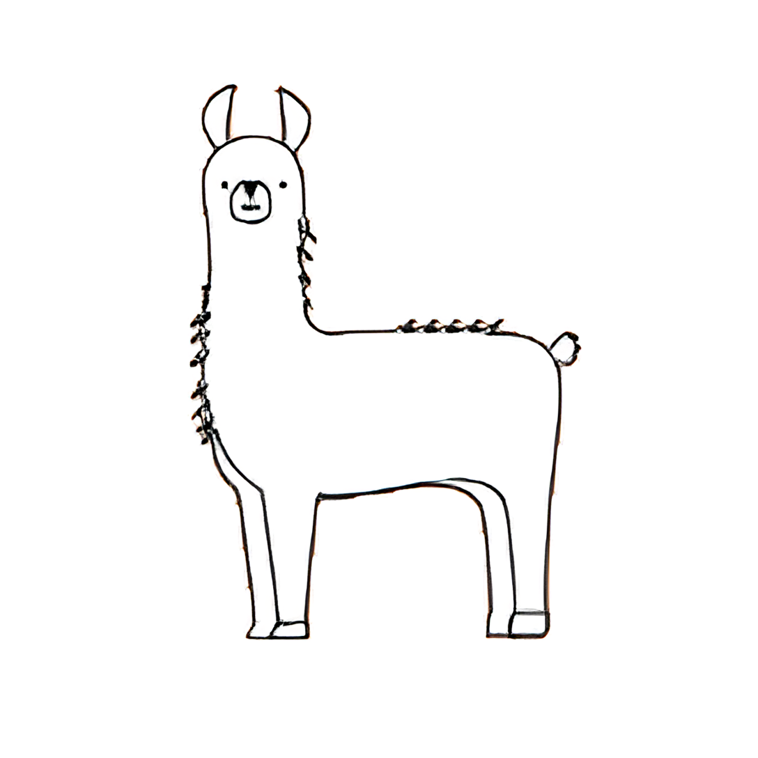 Simple line drawing of a llama standing in profile on a white background
