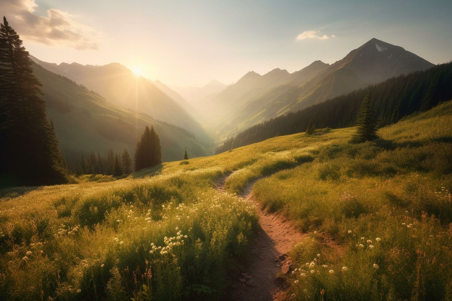 The sun is shining through the mountains on a path in the mountains.