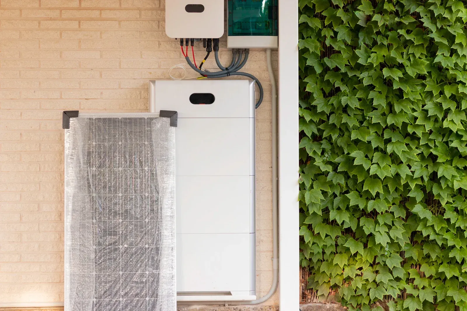 A solar panel is mounted on a brick wall next to a green hedge.