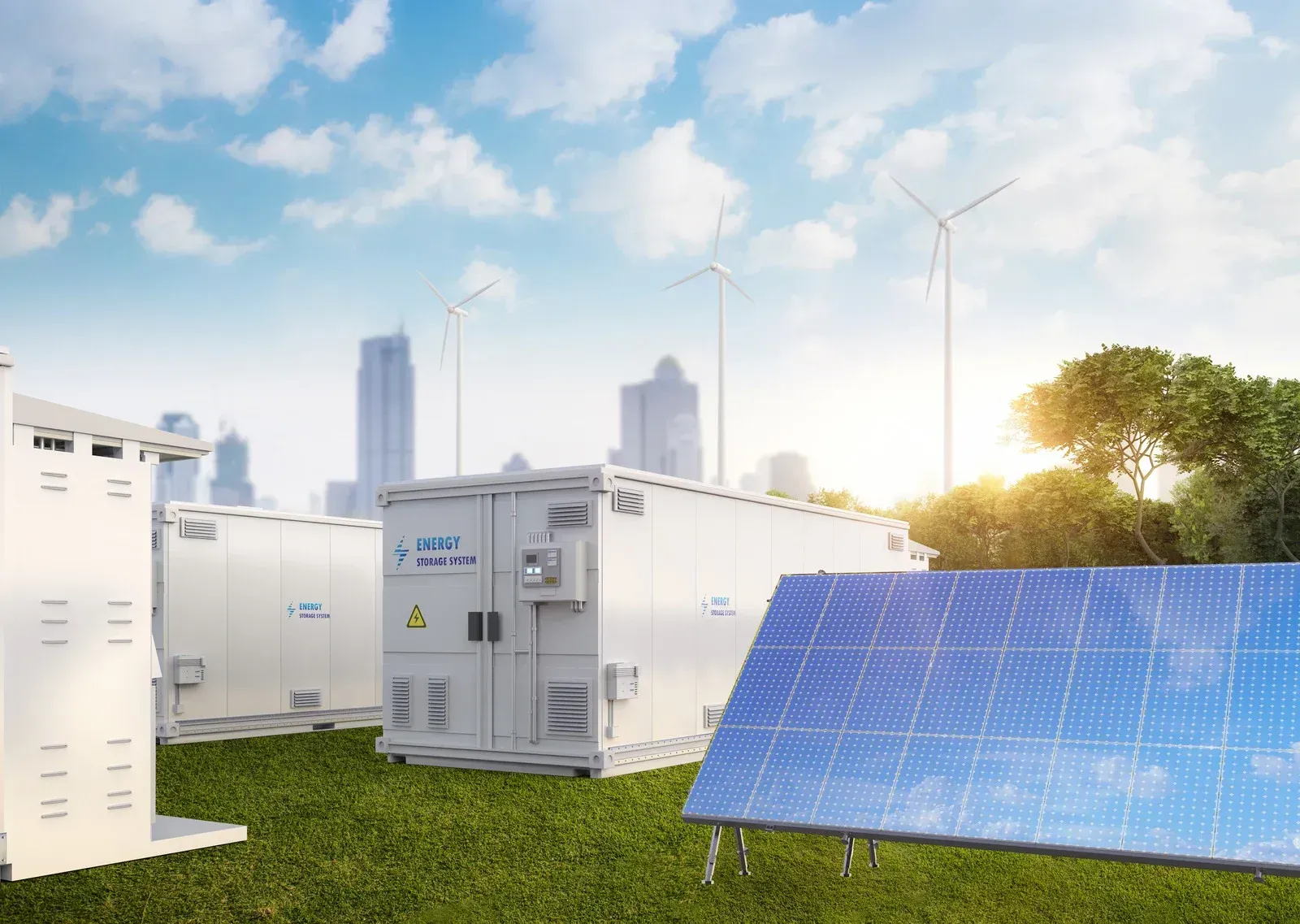 A solar panel is sitting on top of a lush green field.