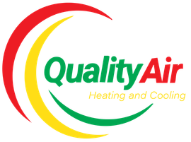 Logo for Quality Air, heating and cooling. Text "Quality Air" in green with red and yellow crescent shapes.