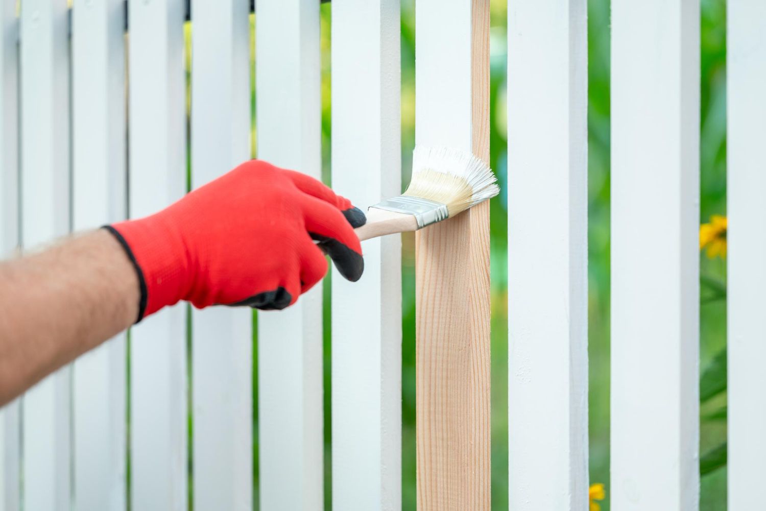 Person wearing red glove paints a white picket fence with a brush.