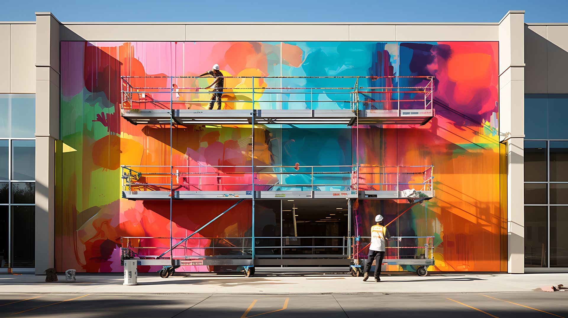Workers on a two-story scaffolding platform paint a large, vibrant, abstract mural in bright warm and cool colors.