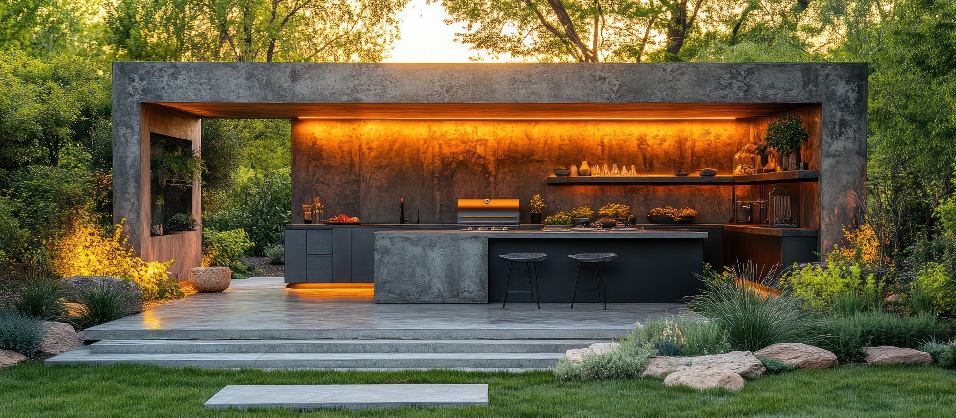 A modern, open-air concrete outdoor kitchen with a dark island, warm under-cabinet lighting, and lush garden surroundings.