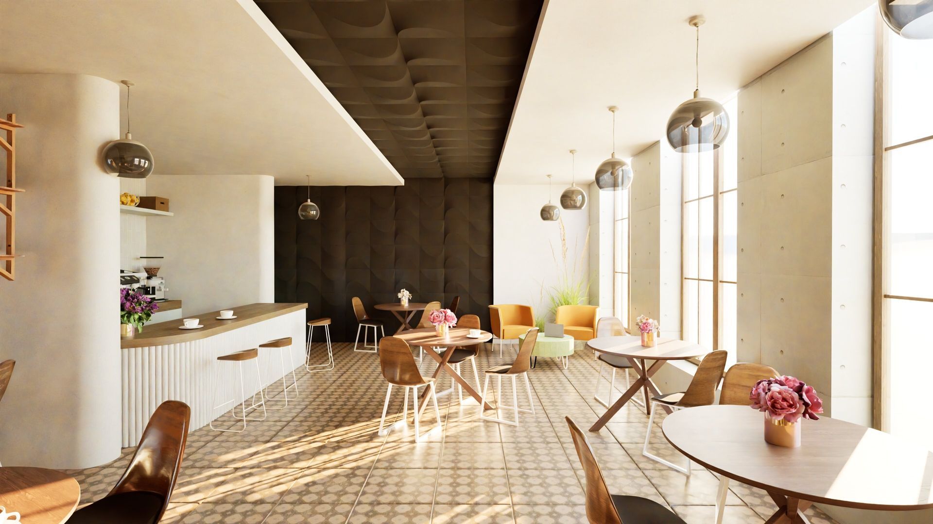 Bright modern café interior with wooden tables, white walls, and sunlight streaming through tall windows.