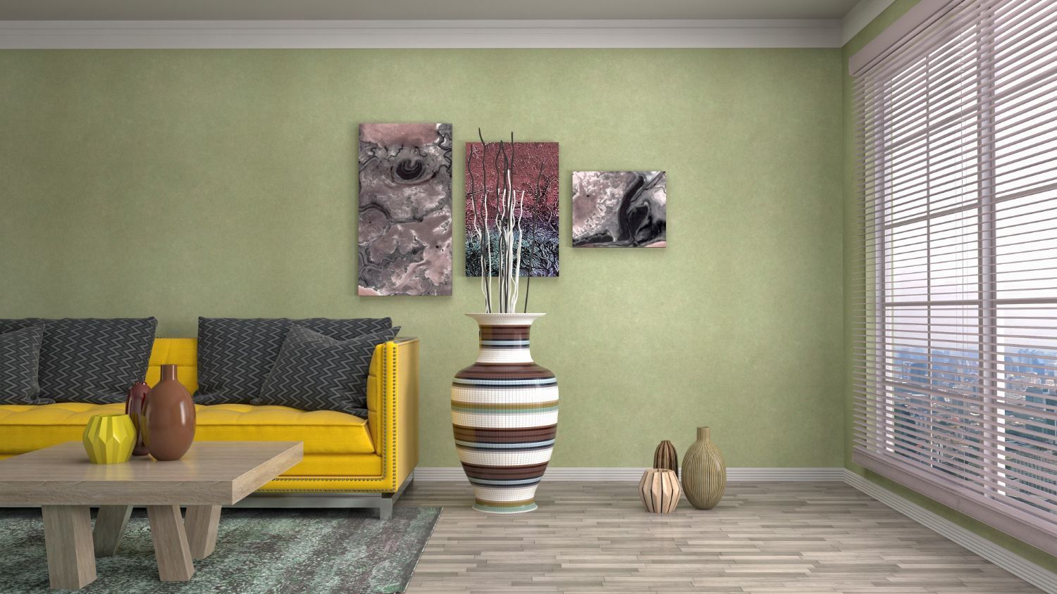 Living room with yellow couch, art, and large vase. Green walls, window with blinds.