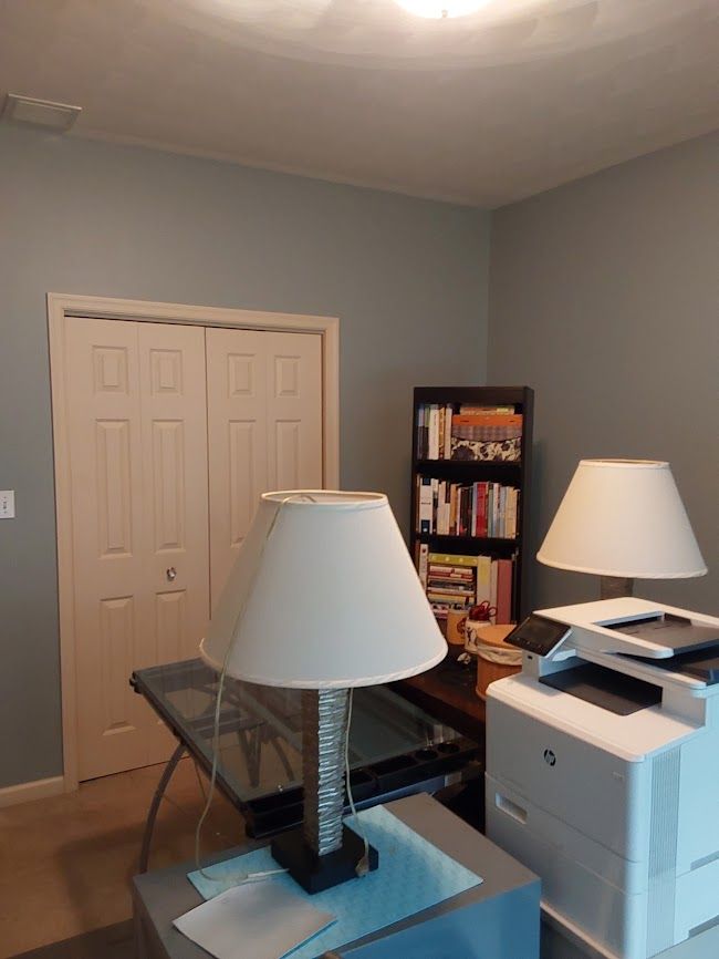 A room with a closet, desk, bookshelves, lamps, and a printer. Blue walls, white doors.