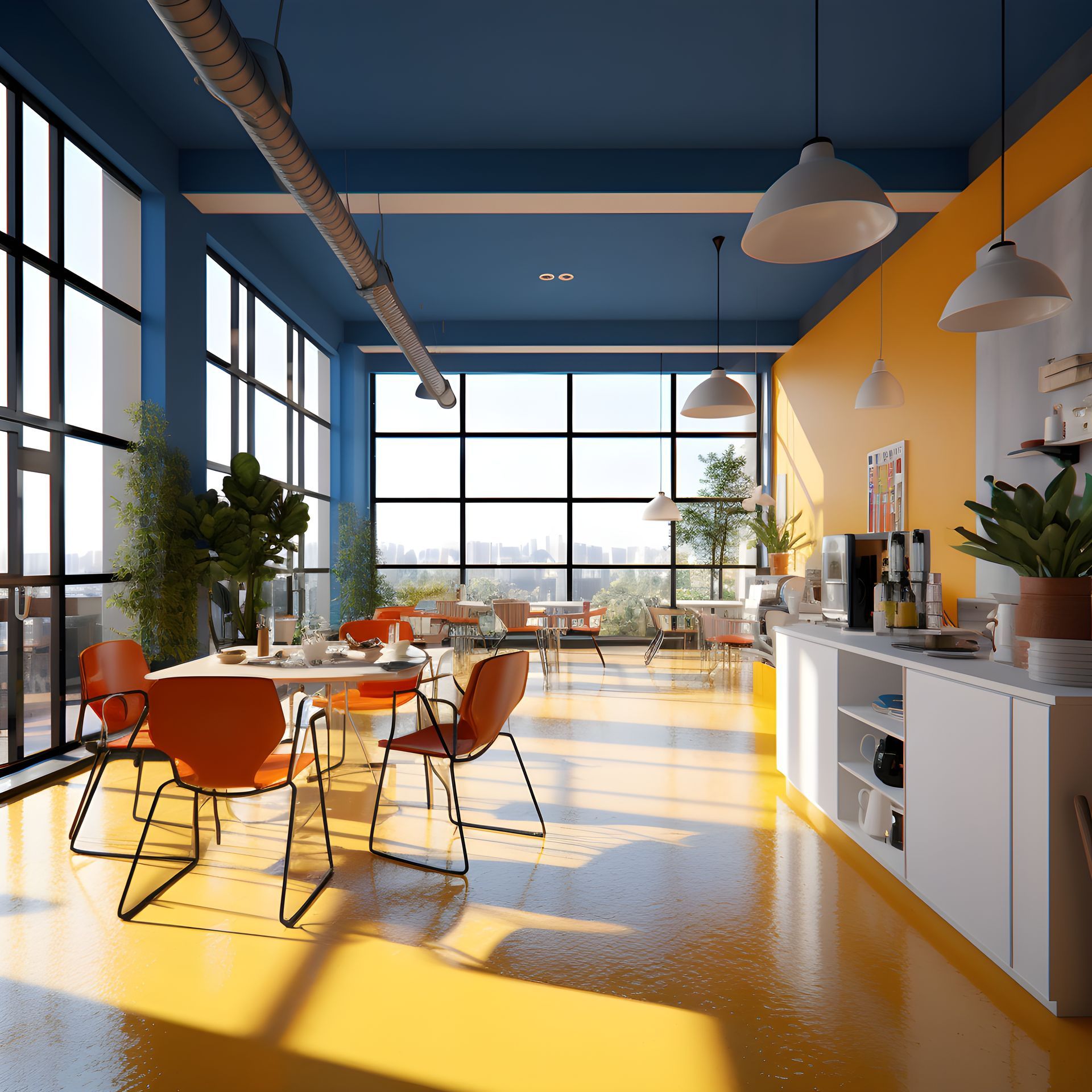 A large room with tables and chairs and a blue ceiling