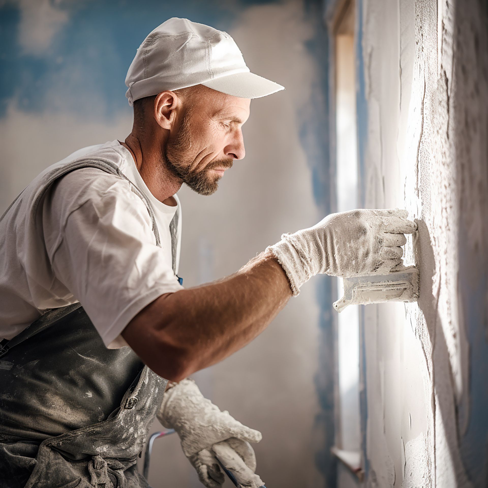 A man is plastering a wall with a trowel.