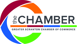 Logo for the Greater Scranton Chamber of Commerce with multicolor circular swoosh and “the CHAMBER” text