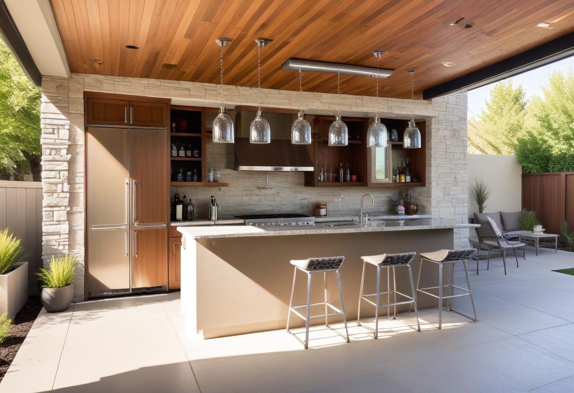 A kitchen with a wooden ceiling and stainless steel appliances