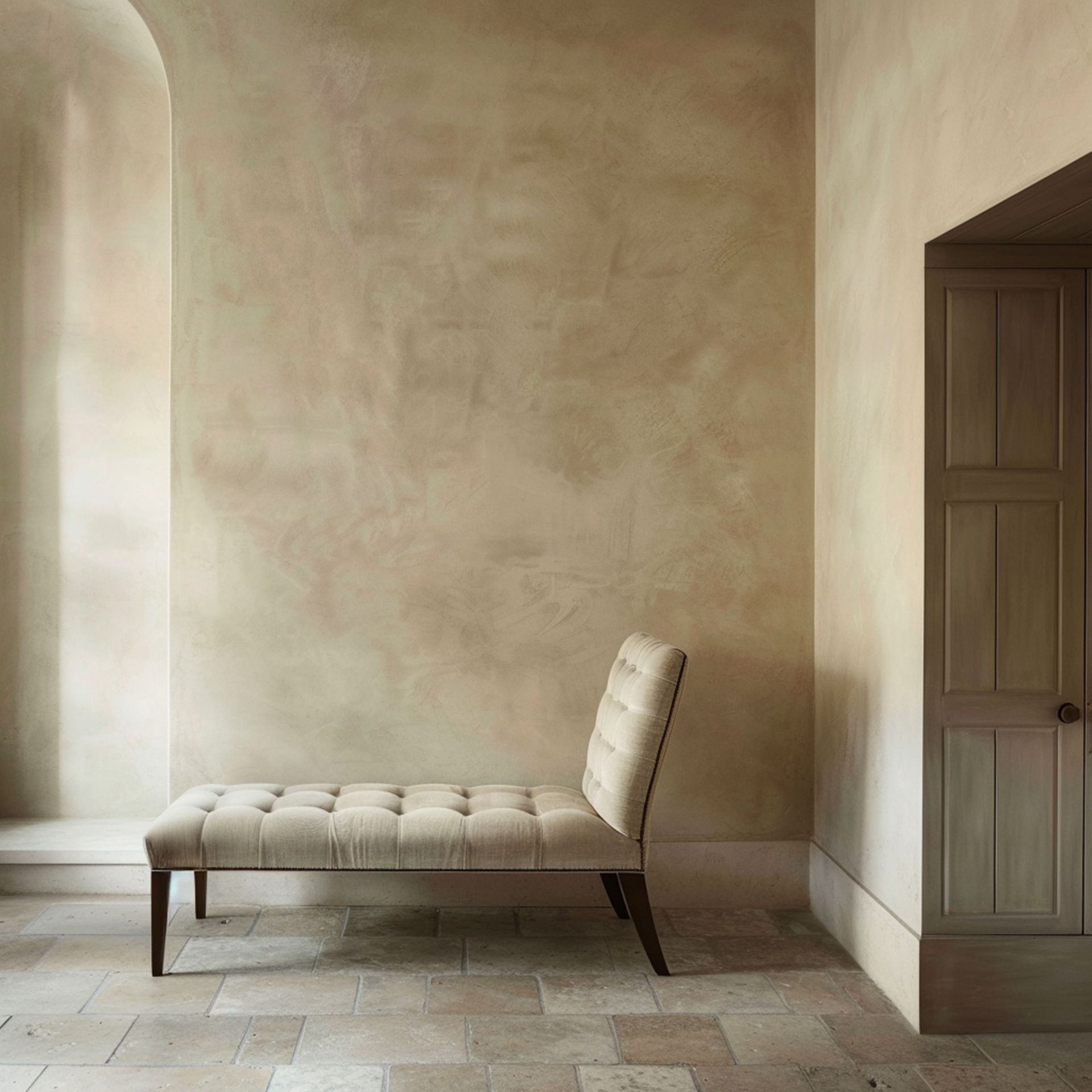 A bench is sitting in a room next to a wall.
