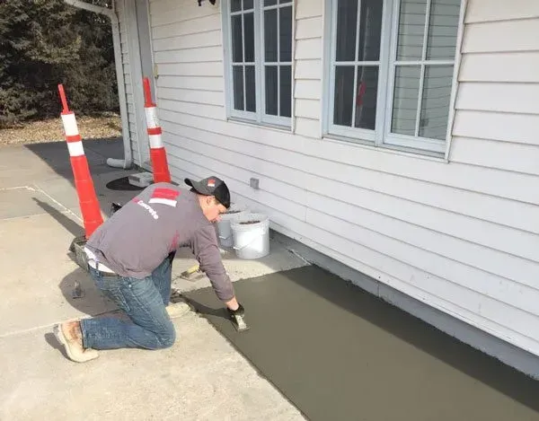 A man is kneeling down and spreading concrete on the sidewalk in front of a house.