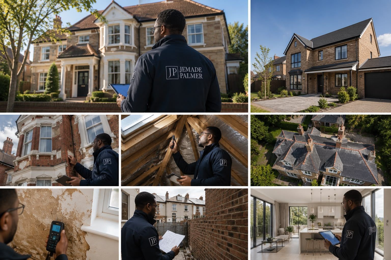 Real estate agent with clients touring a large house and reviewing property details.