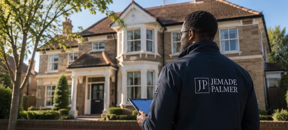 Real estate agent viewing a large suburban house with a tablet in hand
