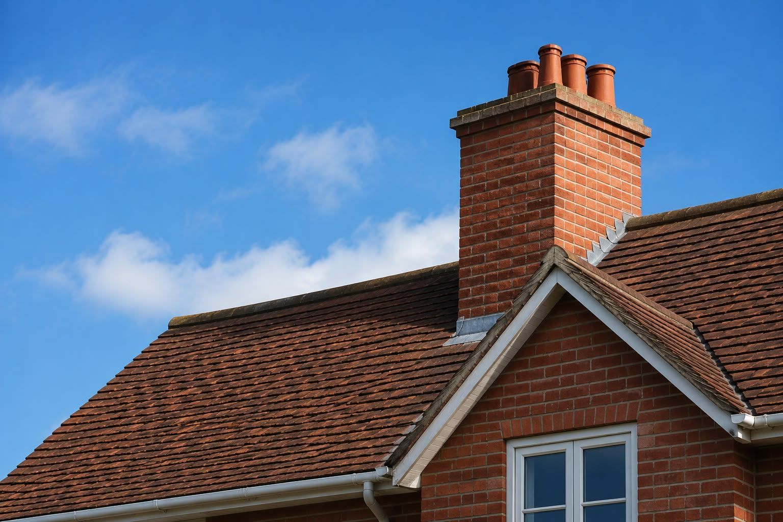 Red-brick house roof with a chimney against a blue sky