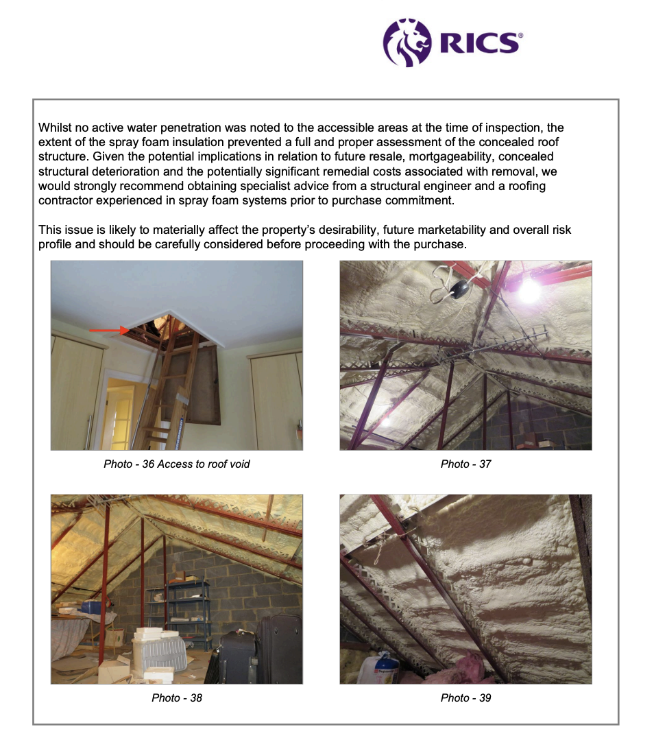 RICS report page with four photos of attic roof damage and exposed insulation.
