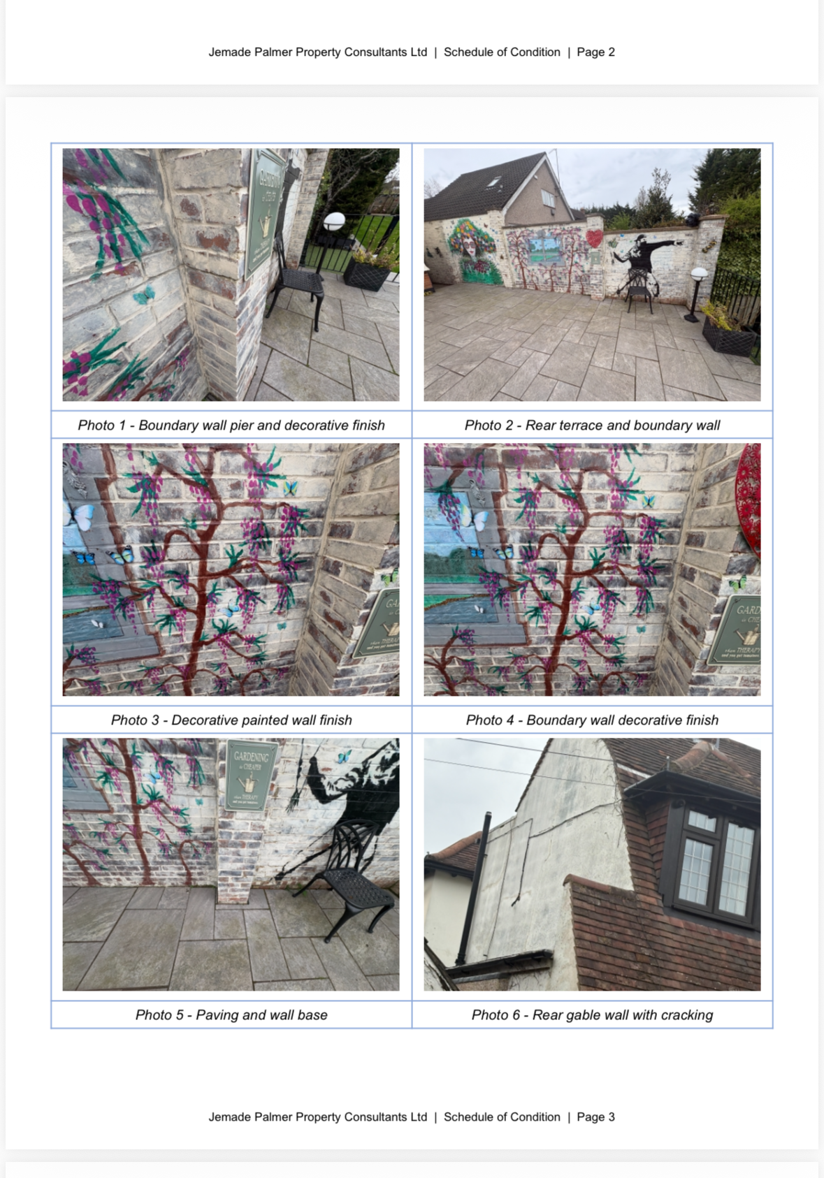 Collage of six outdoor photos showing map overlays on a stone building and walls in a residential area