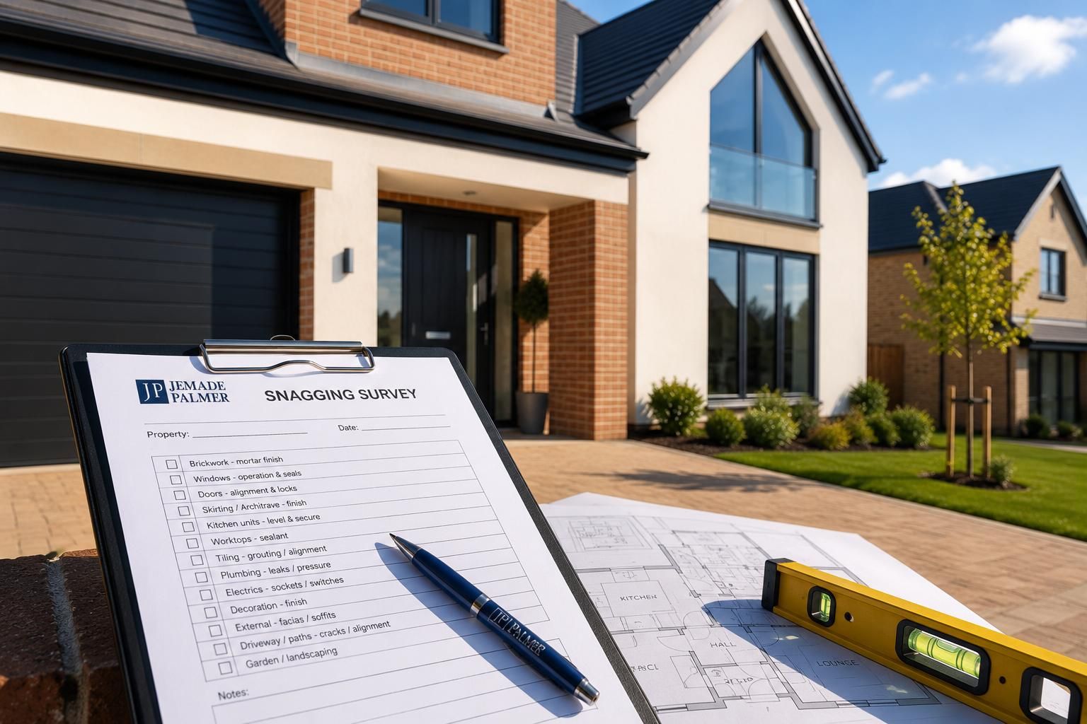 Inspection checklist and pen beside a tape measure in front of a newly built house