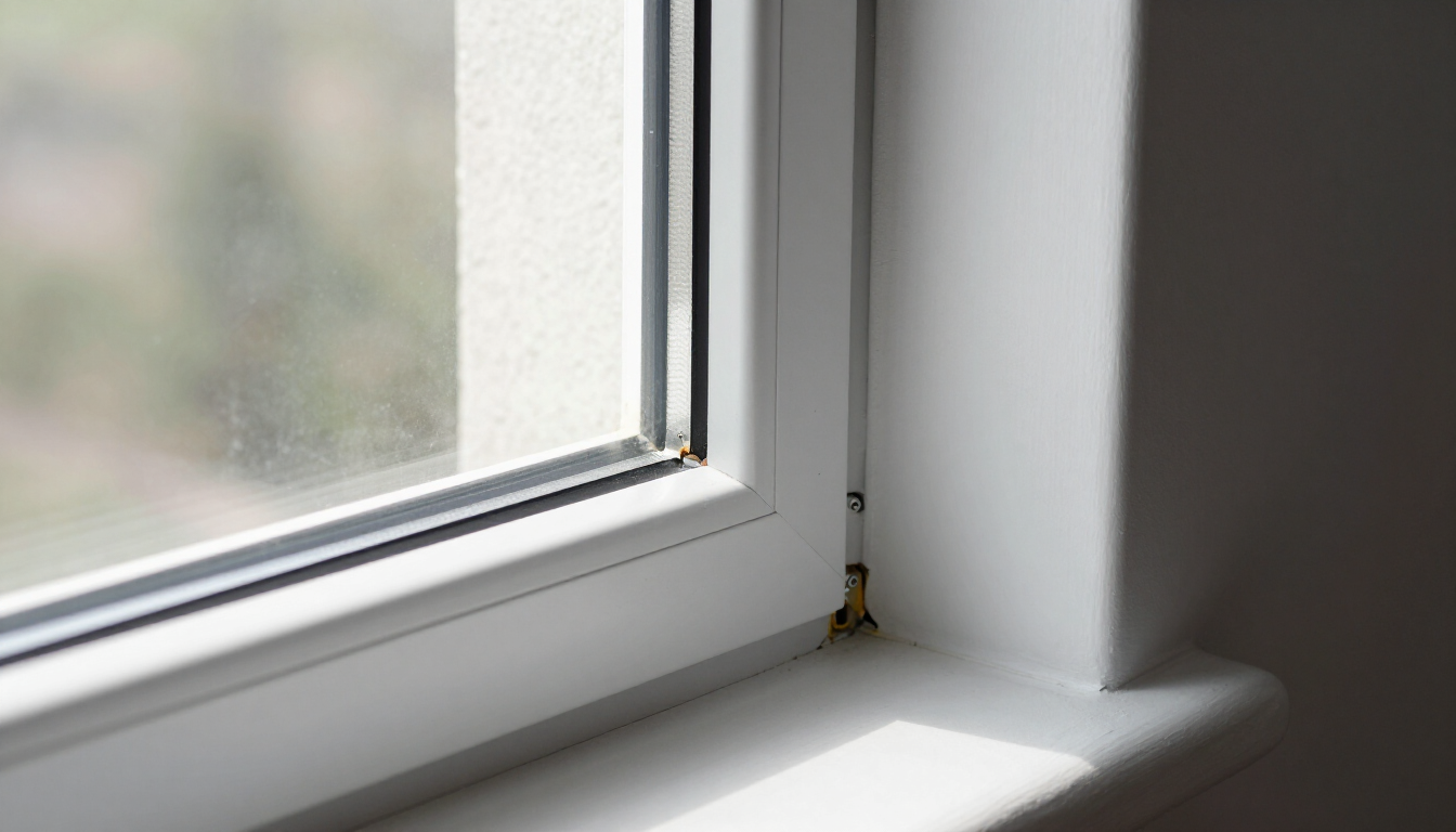 White window frame and sill beside a wall, with a small bug near the corner.