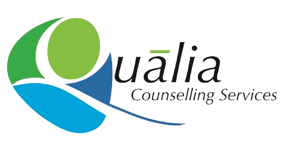 Logo that reads as Qualia Counselling Services in black, green, and blue text. 