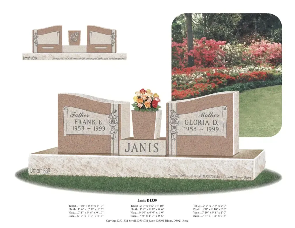 An example of a pink granite double upright monument headstone with a flower vase built into the center. Various numbers are below, but are for the companies reference use only.