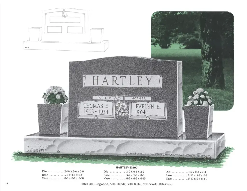 An example of a grey granite double upright monument headstone. It shows granite vases with white flowers on both sides. Various numbers are below, but are for the companies reference use only.