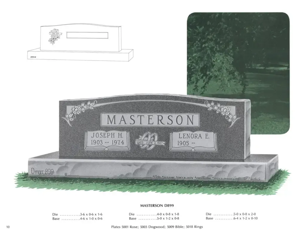 An example of a grey granite double upright monument headstone. Two wedding rings are carved in the center. Various numbers are below, but are for the companies reference use only.