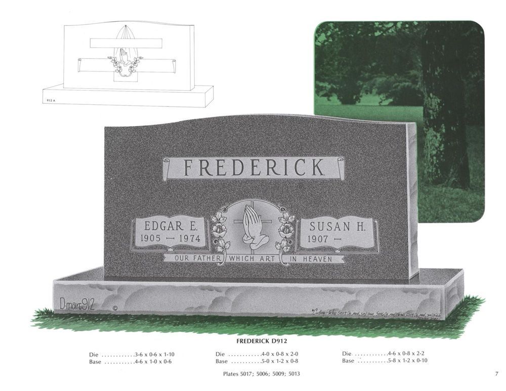An example of a grey granite double upright monument headstone. Praying hands are carved in the center. Various numbers are below, but are for the companies reference use only.