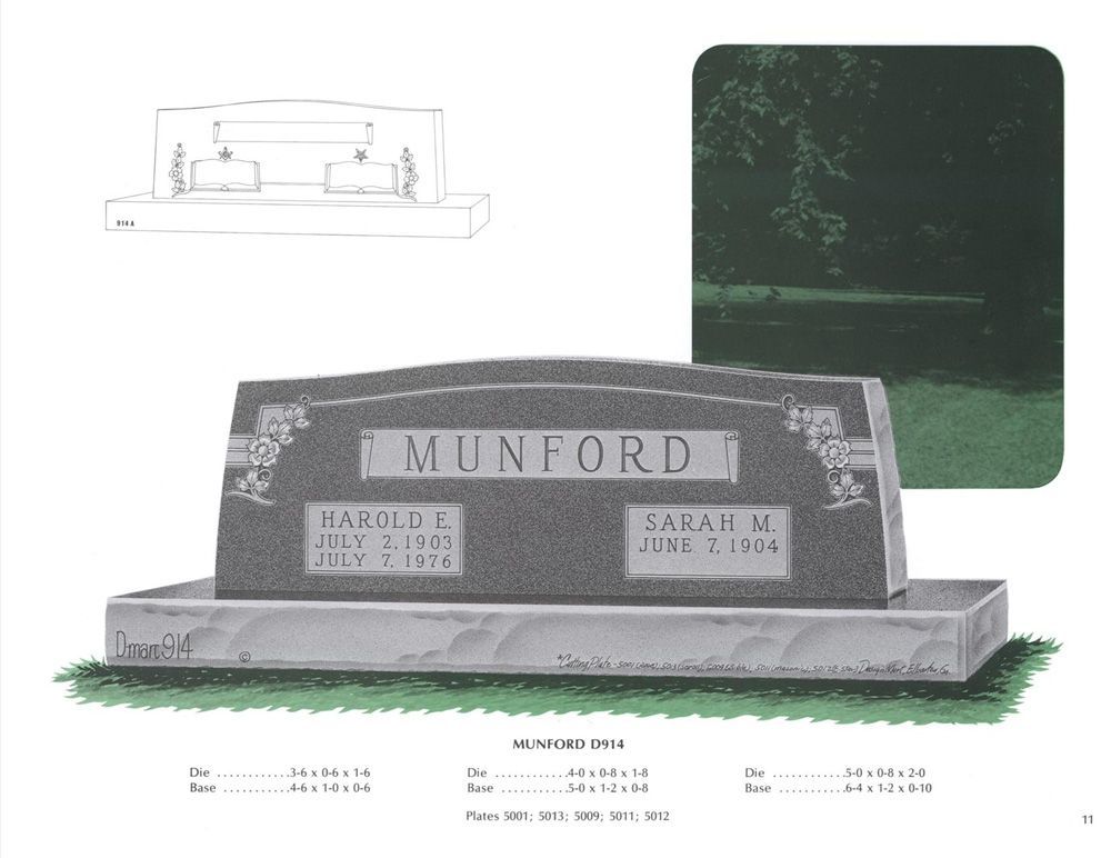 An example of a grey granite double upright monument headstone. Flowers are carved on both sides. Various numbers are below, but are for the companies reference use only.