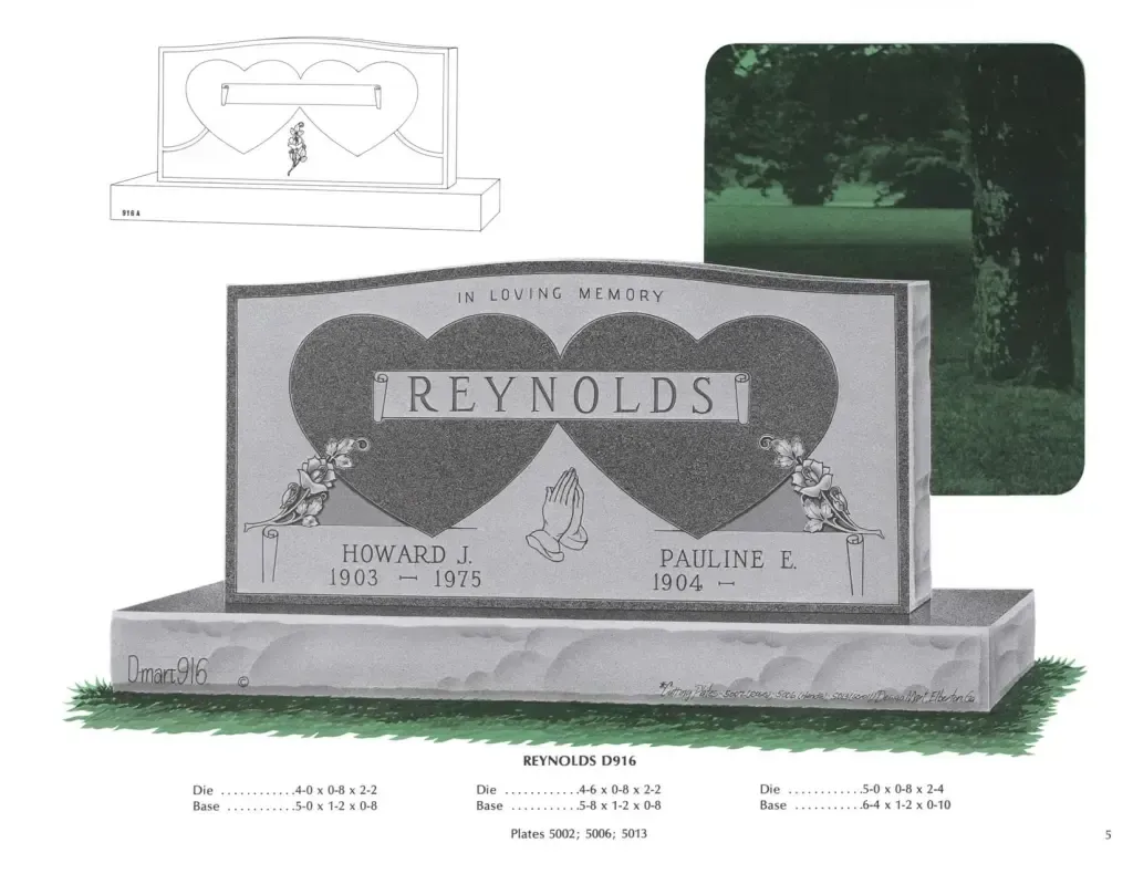 An example of a grey granite double upright monument headstone. Two hearts joined together are carved on it with a religious symbol below them. Various numbers are below, but are for the companies reference use only.